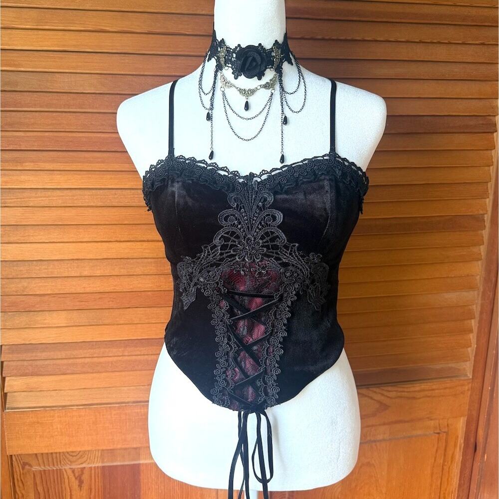 Dark in Love Gothic Victorian Blood Offering Black Red Velvet & Lace Cami Top - Picture 8 of 12